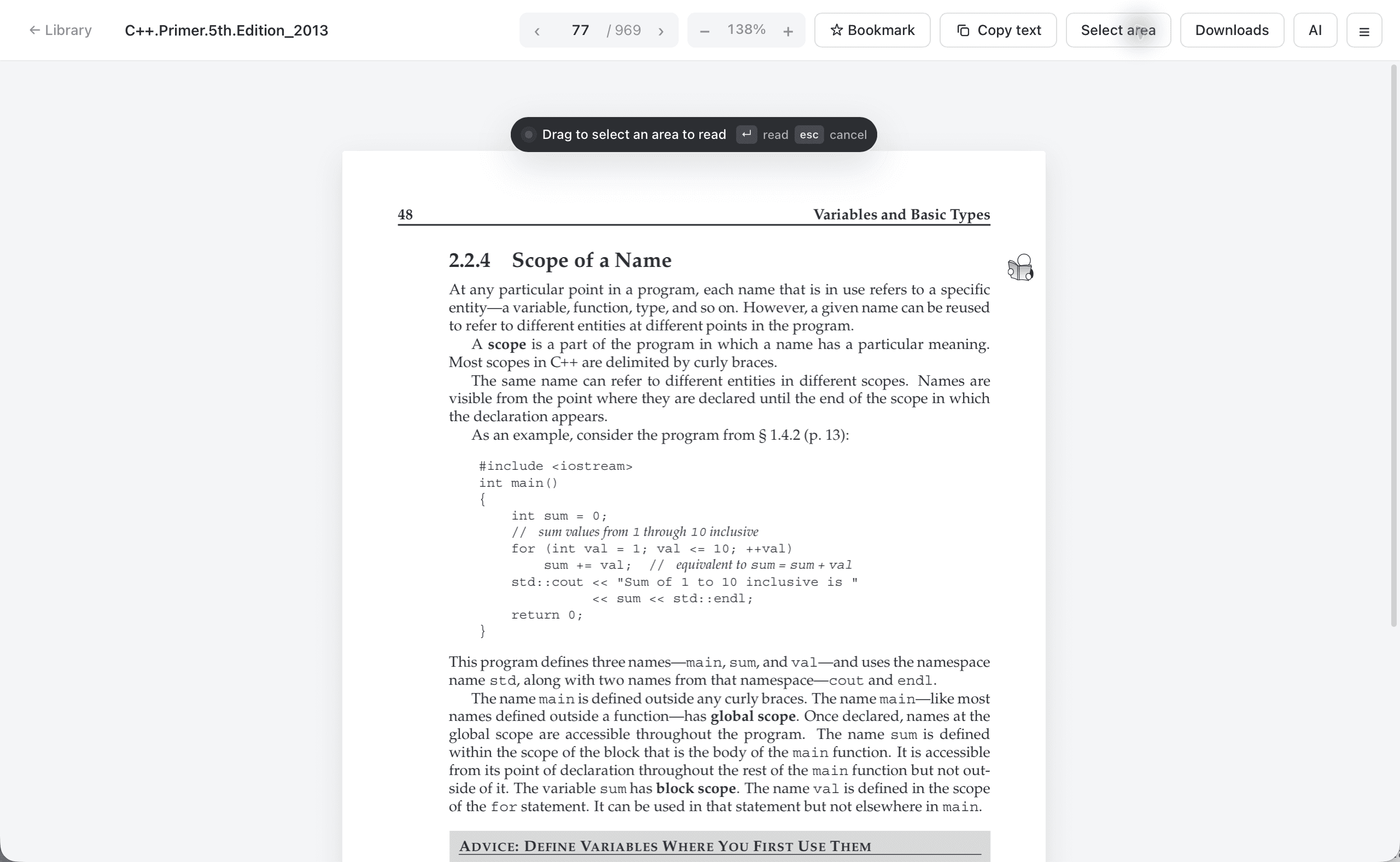 Quincy read-aloud mode prompting the user to select an area of a PDF page
