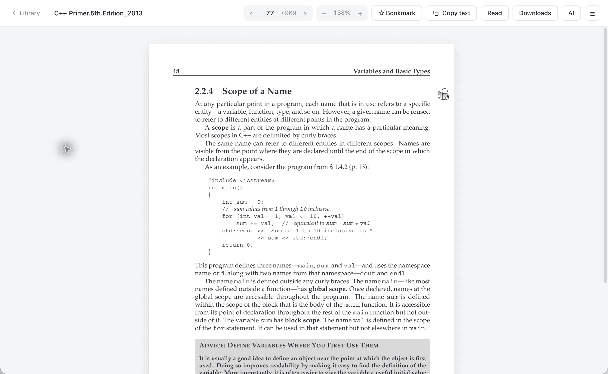 Quincy reading a PDF with toolbar controls
